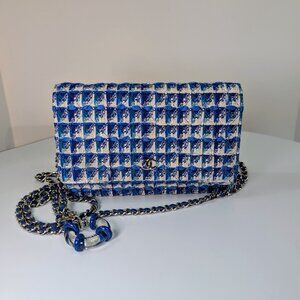 Chanel Blue and White Tweed Wallet on Chain (WOC) with "Lifebuoy" Charm